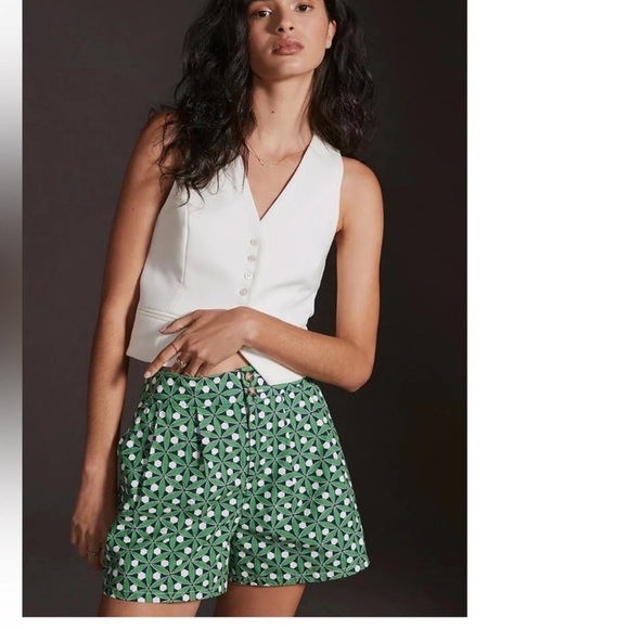 Maeve Anthropologie Poplin City Shorts Green Mod Print Womens Size 12 - Picture 1 of 11